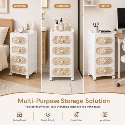 Plastic Storage Drawers | 4 Drawer Organzier Storage Cabinet with Wheels for Bedroom Bathroom Office | Available in White & Cream