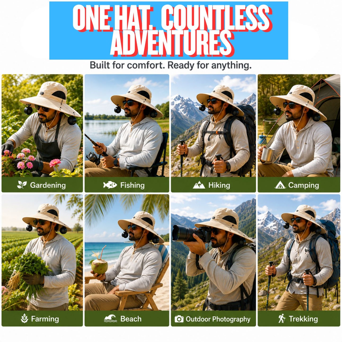 Wearkool Cooling Hat with Dual Detachable BLDC Fans and Lanyard | 5-Speed Rechargeable BLDC Fans with Digital Battery Display | Adjustable Wide Brim Outdoor Hat for Fishing, Gardening, Hiking, Camping & Outdoor Work