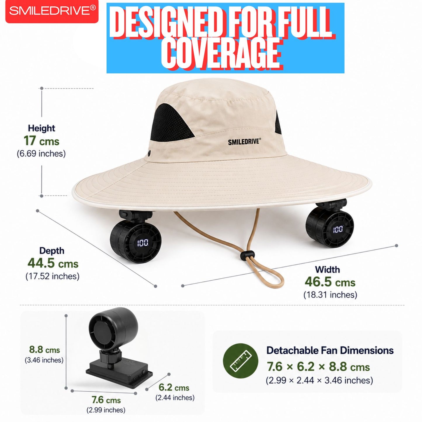 Wearkool Cooling Hat with Dual Detachable BLDC Fans and Lanyard | 5-Speed Rechargeable BLDC Fans with Digital Battery Display | Adjustable Wide Brim Outdoor Hat for Fishing, Gardening, Hiking, Camping & Outdoor Work