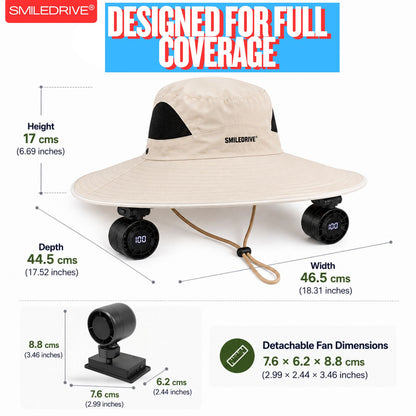 Wearkool Cooling Hat with Dual Detachable BLDC Fans and Lanyard | 5-Speed Rechargeable BLDC Fans with Digital Battery Display | Adjustable Wide Brim Outdoor Hat for Fishing, Gardening, Hiking, Camping & Outdoor Work