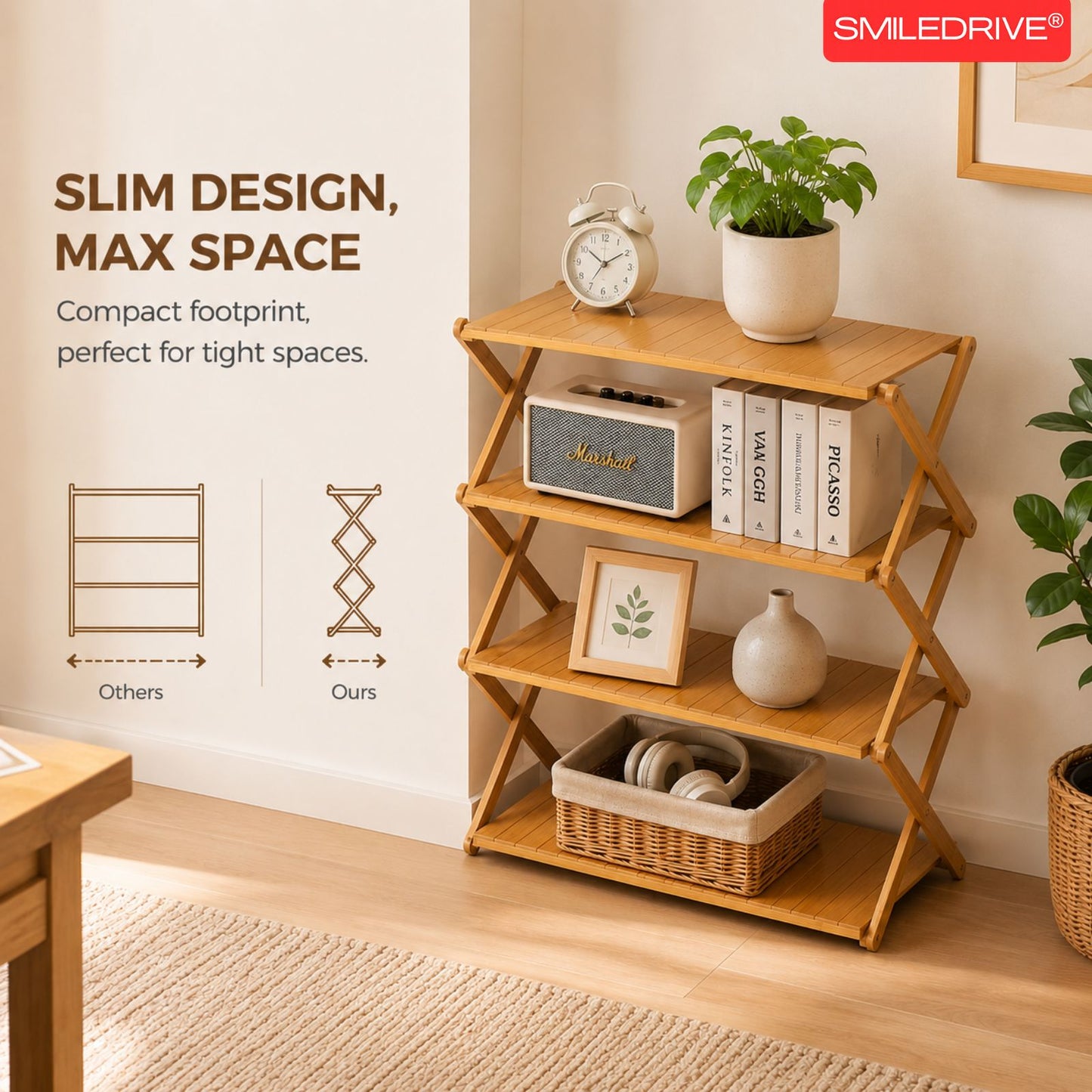 Foldable Bamboo Shoe Rack | 3 & 4-tier Balcony Plant Stand | Space Saving Storage Organizer for Entryway, Bedroom, Bathroom or Balcony