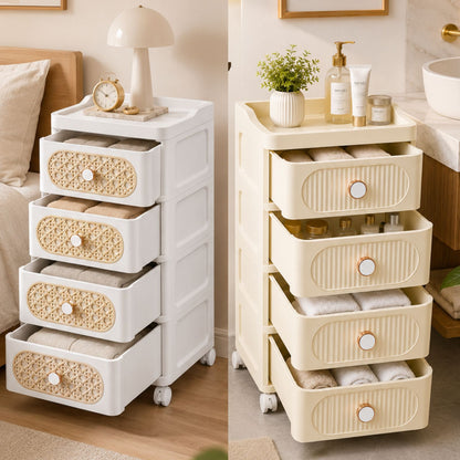 Plastic Storage Drawers | 4 Drawer Organzier Storage Cabinet with Wheels for Bedroom Bathroom Office | Available in White & Cream