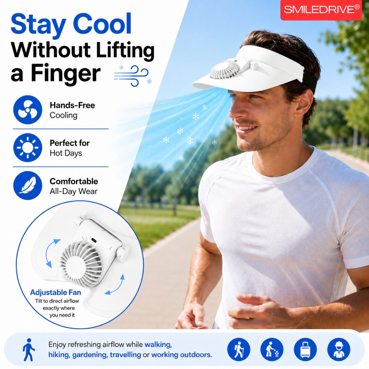 Cooling Fan Cap with Rechargeable Fan, 2-Speed Adjustable Fan, Hands-Free Cooling Hat, Lightweight Cap for Daily Use- Walking, Gardening, Hiking, Camping & Indoor/ Outdoor Work | Available in Blue, Pink & White