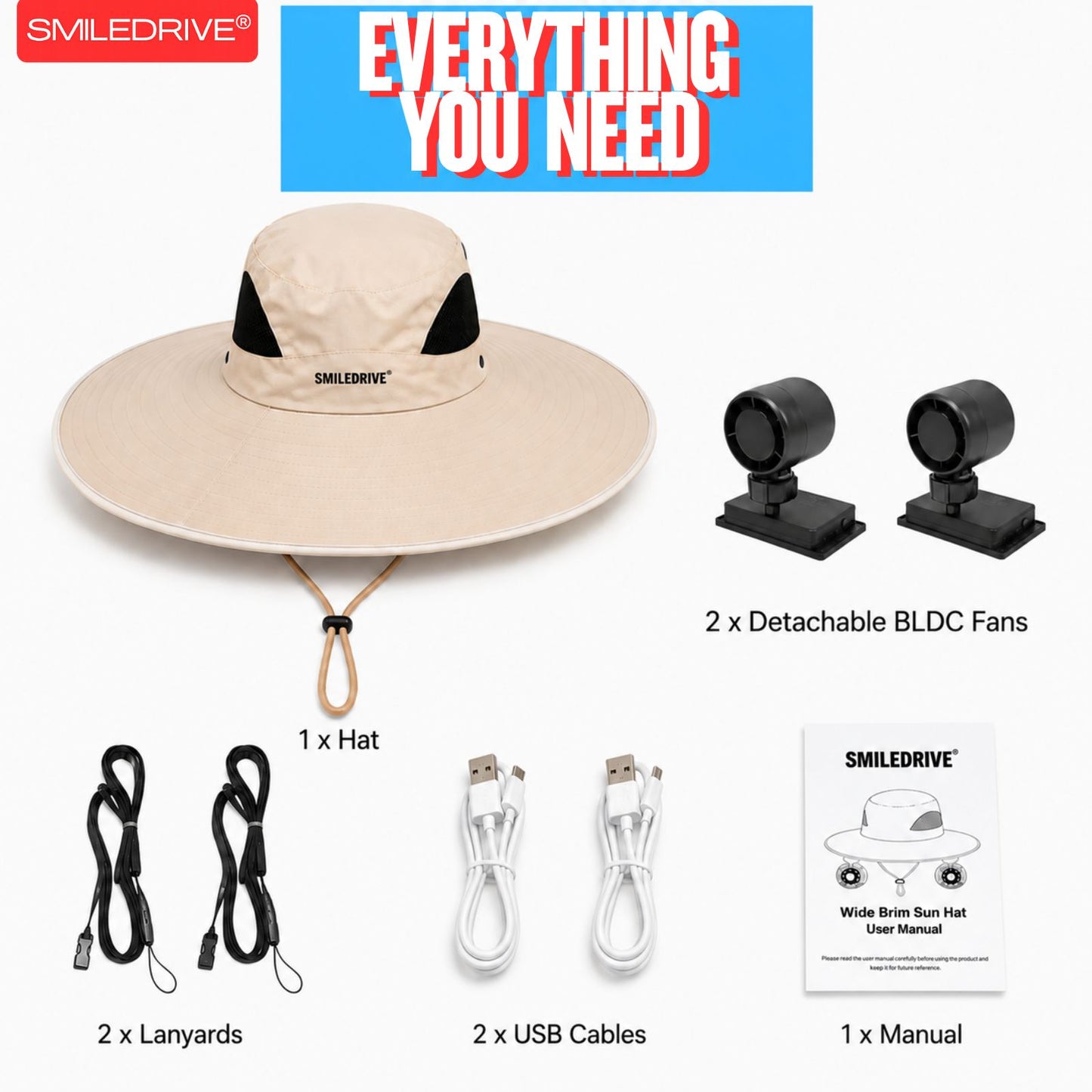Wearkool Cooling Hat with Dual Detachable BLDC Fans and Lanyard | 5-Speed Rechargeable BLDC Fans with Digital Battery Display | Adjustable Wide Brim Outdoor Hat for Fishing, Gardening, Hiking, Camping & Outdoor Work