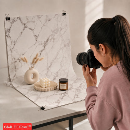 Product Photography Backdrop Kit | 22x34.5 Inch Photography Background Sheets | 3 Front-Back Sheets with 6 Designs | 2 Particle Boards for Quick & Stable Set up