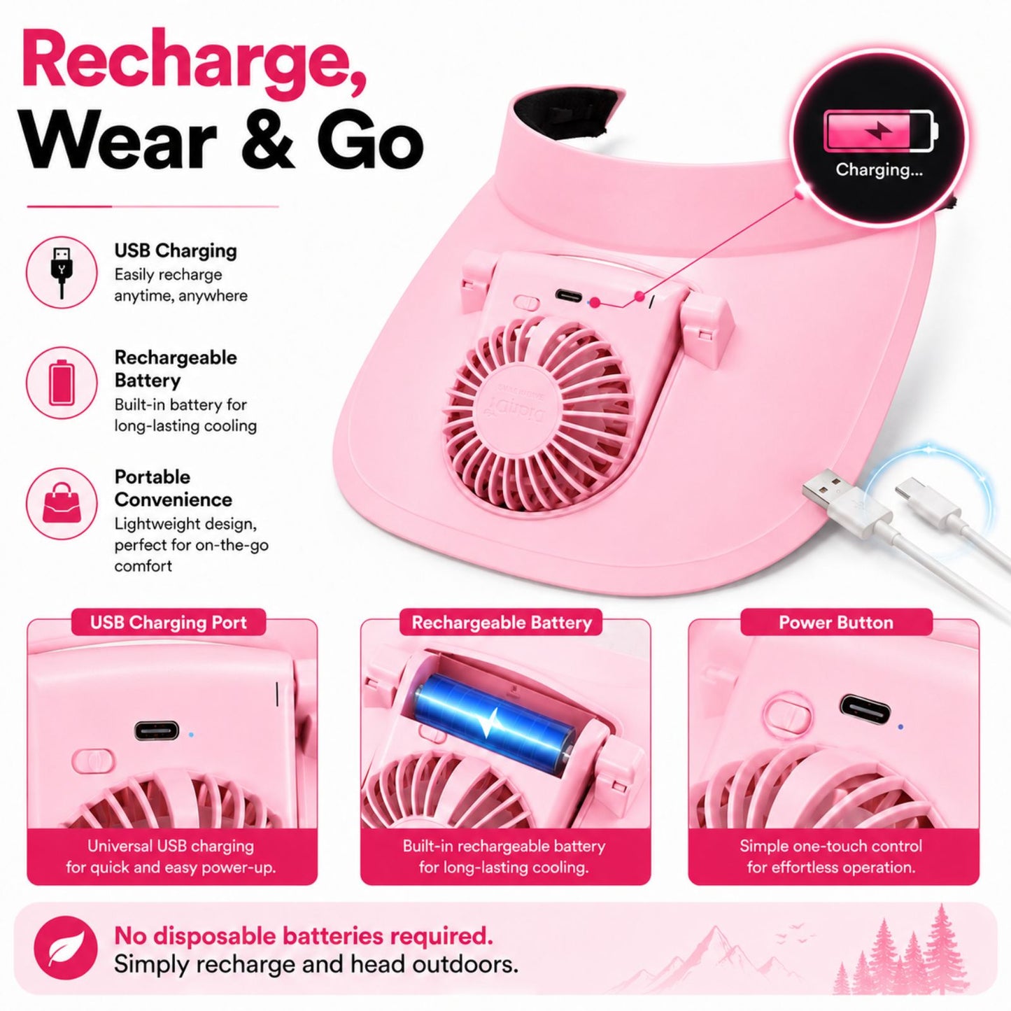 Cooling Fan Cap with Rechargeable Fan, 2-Speed Adjustable Fan, Hands-Free Cooling Hat, Lightweight Cap for Daily Use- Walking, Gardening, Hiking, Camping & Indoor/ Outdoor Work | Available in Blue, Pink & White