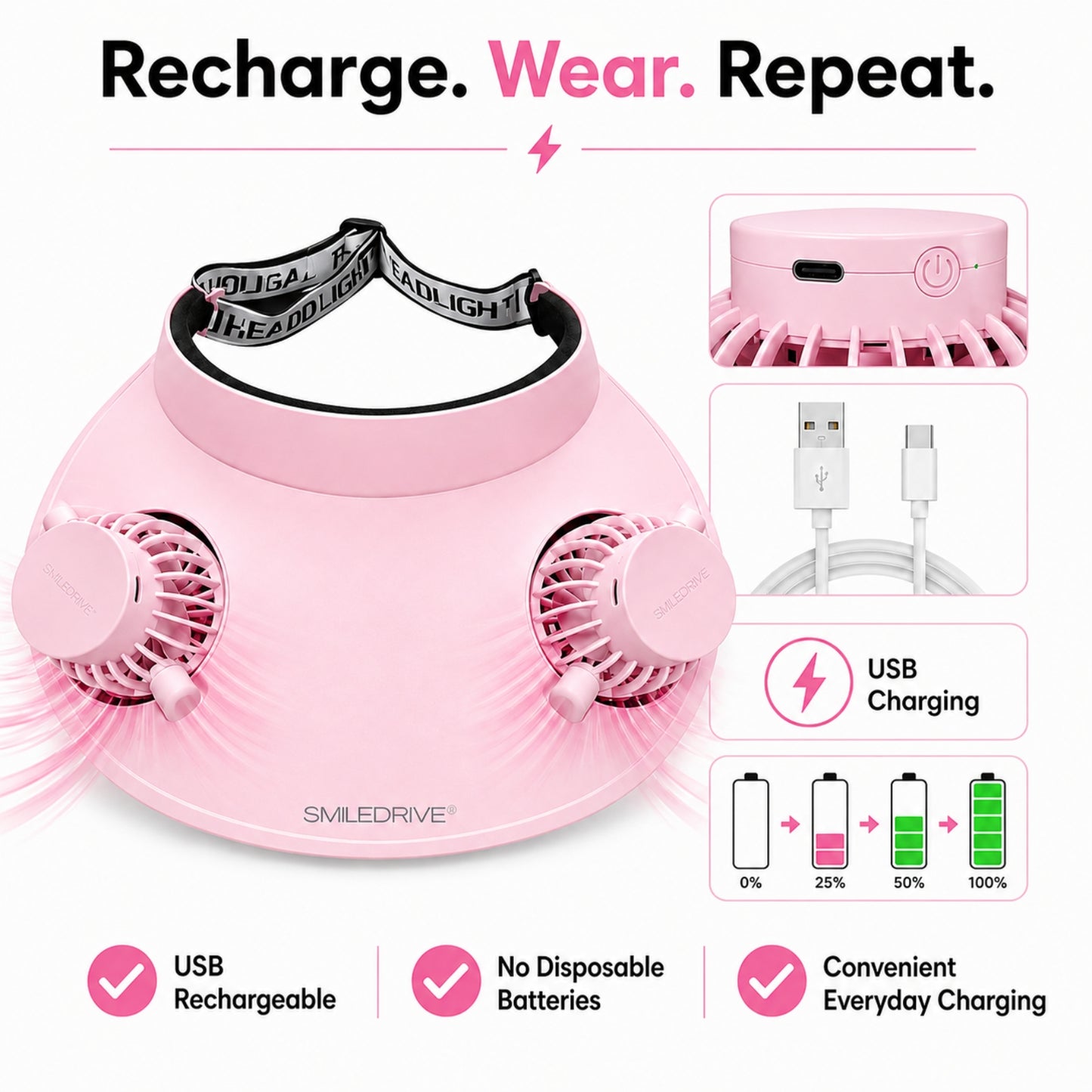 Cooling Fan Cap with Dual Rechargeable Fans, 3-Speed Adjustable Fan, Hands-Free Cooling Hat, Lightweight Cap for Daily Use- Walking, Gardening, Hiking, Camping & Indoor/ Outdoor Work | Available in Blue, Pink & White