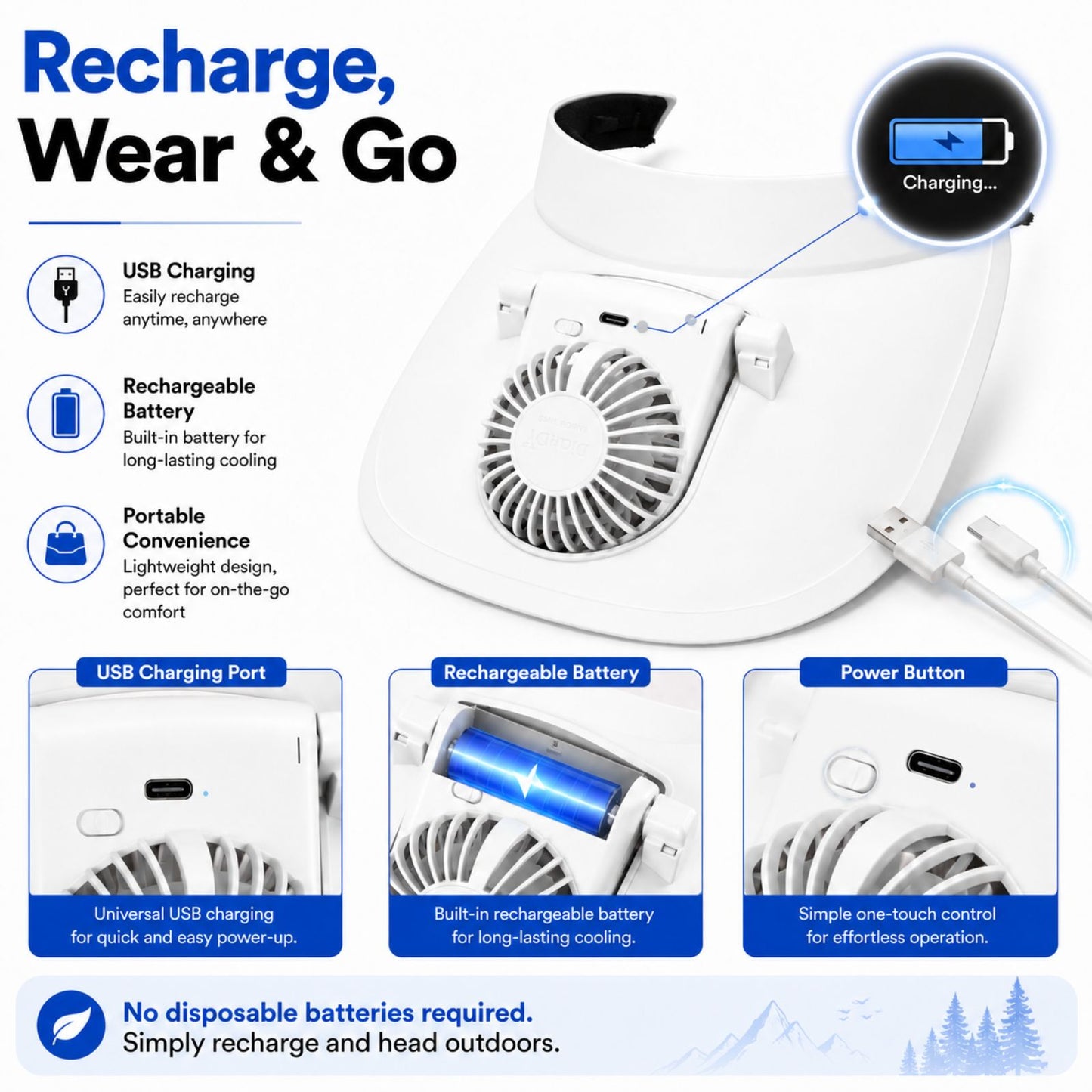 Cooling Fan Cap with Rechargeable Fan, 2-Speed Adjustable Fan, Hands-Free Cooling Hat, Lightweight Cap for Daily Use- Walking, Gardening, Hiking, Camping & Indoor/ Outdoor Work | Available in Blue, Pink & White