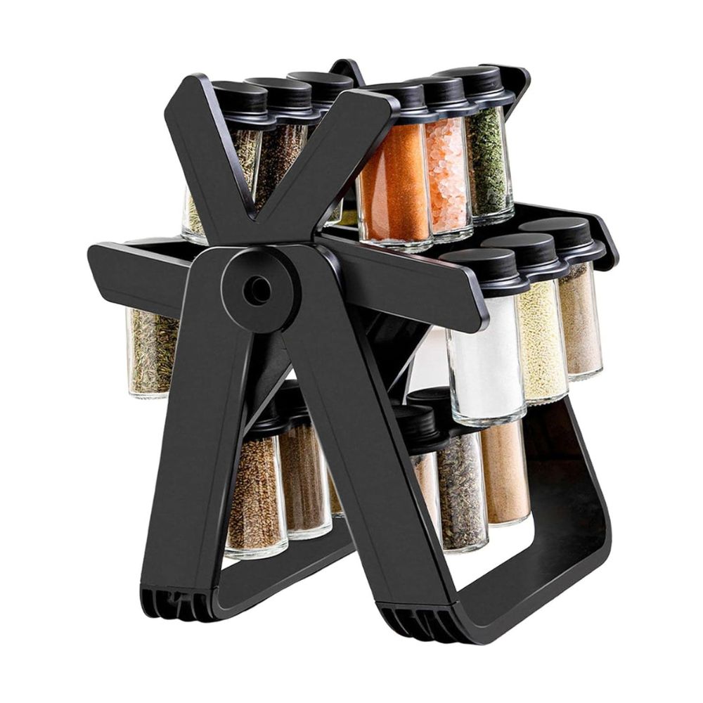 18 Jar Rotating Spice Rack Organizer | 360° Revolving Masala Stand with Glass Spice Jars for Kitchen Counter & Cabinet