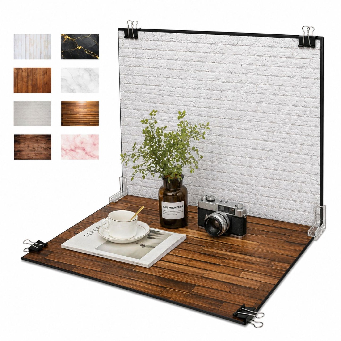 Professional Product Photography Background Kit | Photoshoot Backdrop Kit with 8 styles (4 two-sided sheet) | Silver Reflector & Black Diffuser Included