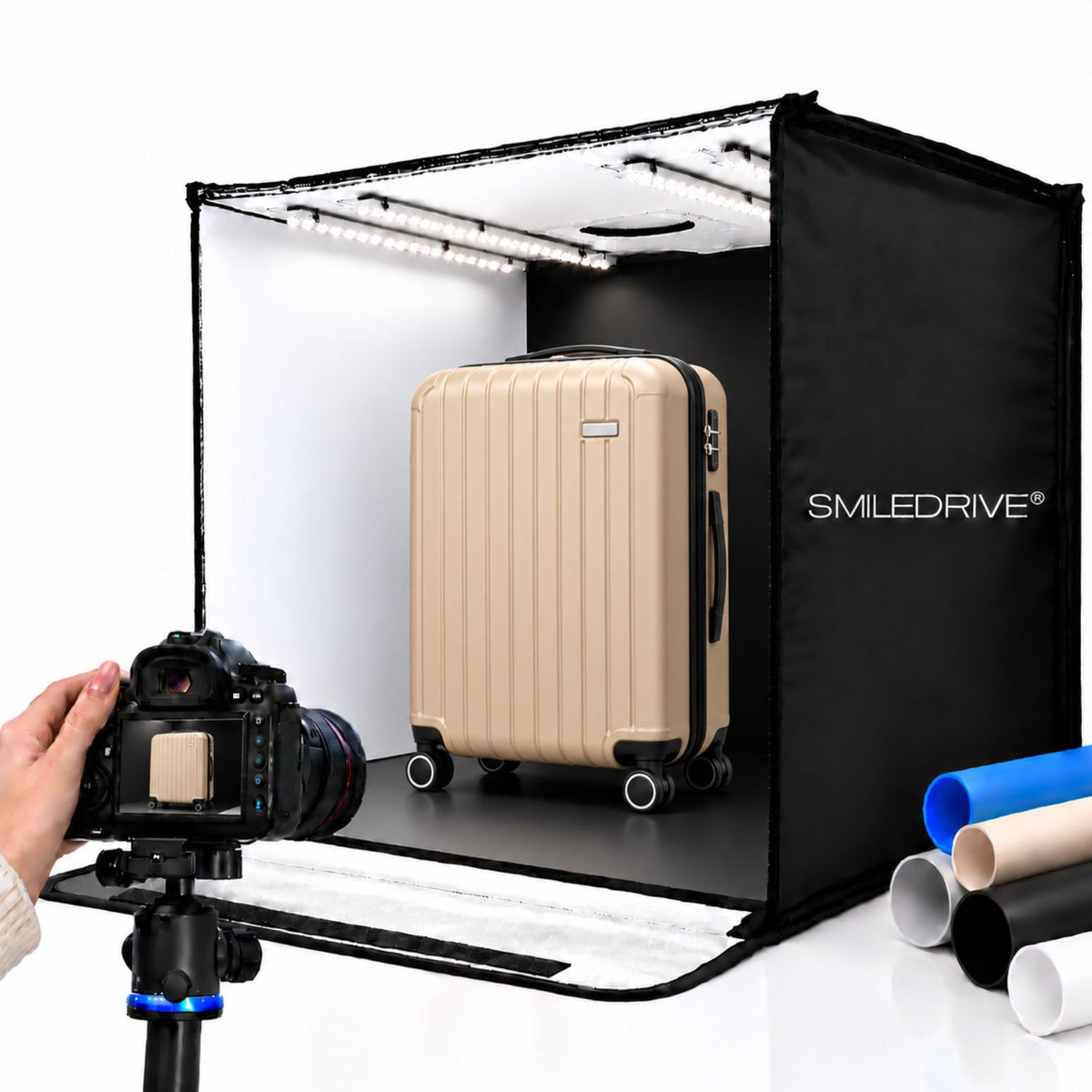 60 cm Product Photography Light Box | Portable Product Photography Box with Reflective Interior | 3 modes 4 LED lights with 2 dimmers  | 5 Backdrops Included | Perfect Photo Booth for Appliances, Electronics, Gadgets, Big toys, small & medium sized items
