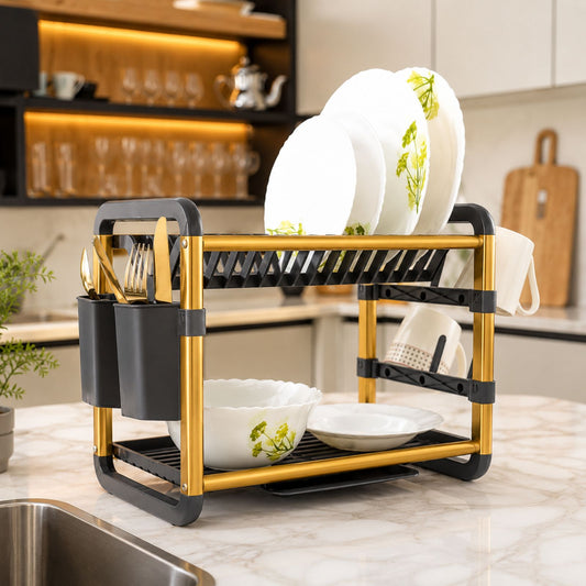 Dish Drying Rack with Drain Tray | 2-Tier Utensil Organizer with Cup and Cutlery Holder | Rust-Resistant Aluminium Kitchen Dish Rack | Available in Gold & Silver