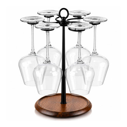 Wine Glass Holder Stand for 6 Glasses | 360° Rotating Wooden Base Stemware Organizer for Home Bar, Kitchen & Dining Table