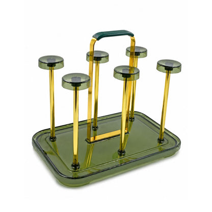 Premium Glass Cup Holder for Kitchen Counter - Modern 6-Hook Mug Tree & Tea Cup Drying Rack - Elegant Gold Metal & Acrylic Coffee Station Organizer for Home, Cafe & Dining Table