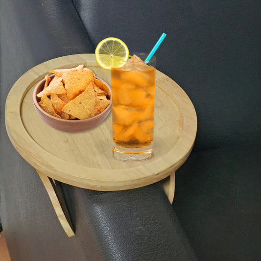 SMILEDRIVE® Clip-On Wooden Sofa Armrest Tray – Round | Ideal for Remotes, Drinks, and Phones