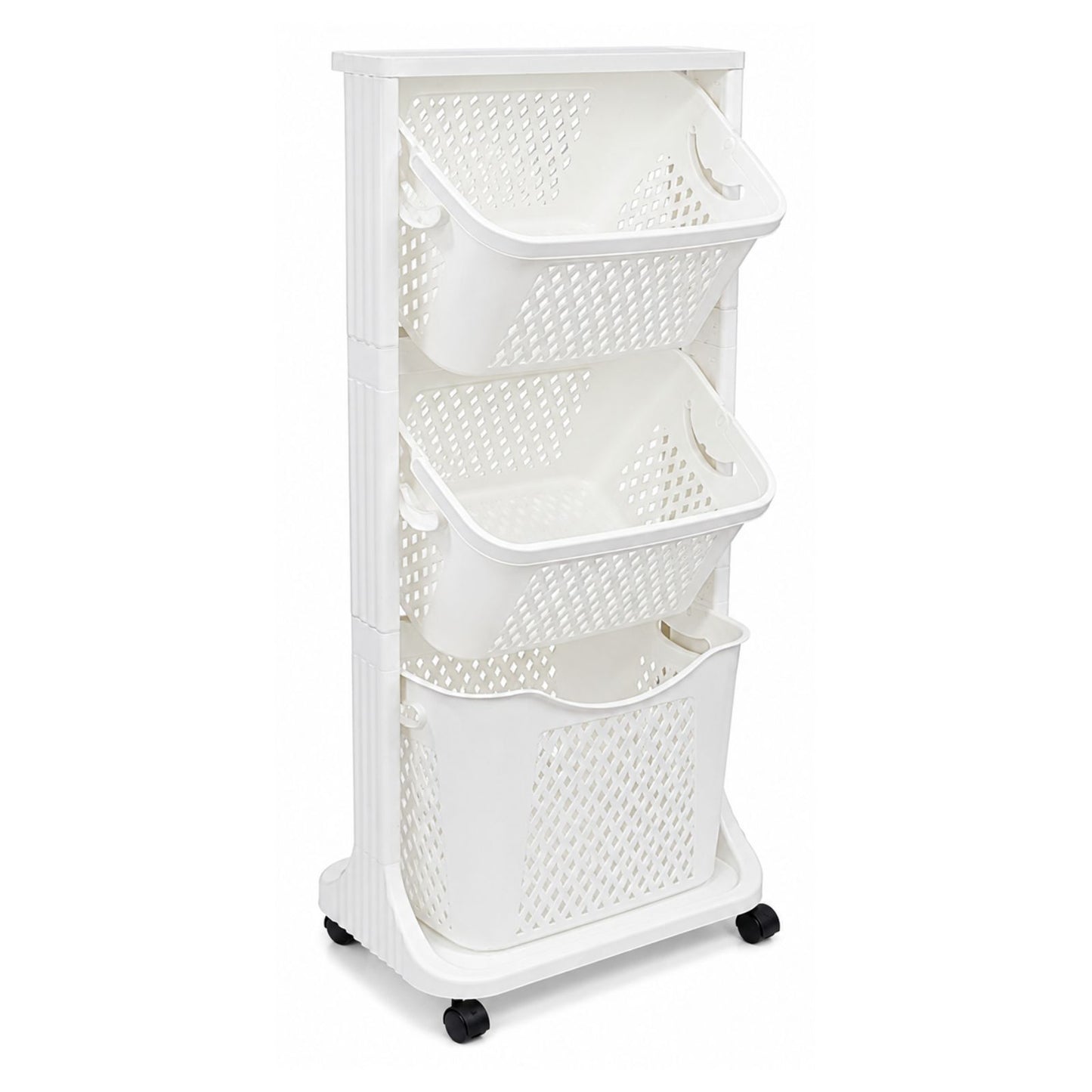 3 Tier Kitchen Rack Laundry Basket with Wheels | Plastic Laundry Organizer | Space Saving Multi Purpose Storage Racks for Kitchen, Laundry Room, Bathroom, Bedroom