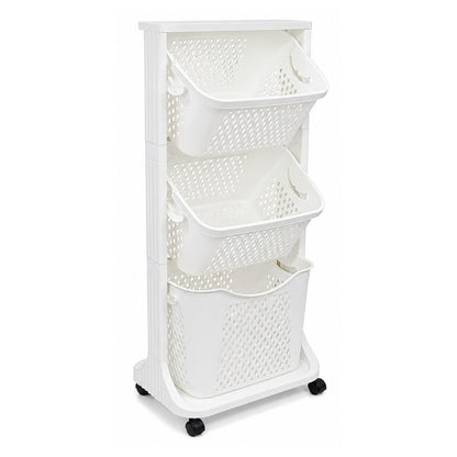 3 Tier Kitchen Rack Laundry Basket with Wheels | Plastic Laundry Organizer | Space Saving Multi Purpose Storage Racks for Kitchen, Laundry Room, Bathroom, Bedroom