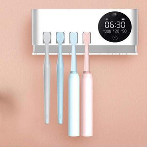 UV Toothbrush Sterilizer Stand with Smart Clock Humidity Temperature and Deep Deodorizing Function