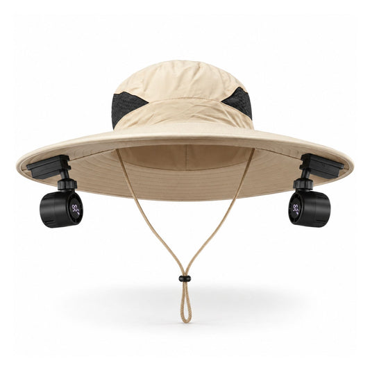 Wearkool Cooling Hat with Dual Detachable BLDC Fans and Lanyard | 5-Speed Rechargeable BLDC Fans with Digital Battery Display | Adjustable Wide Brim Outdoor Hat for Fishing, Gardening, Hiking, Camping & Outdoor Work