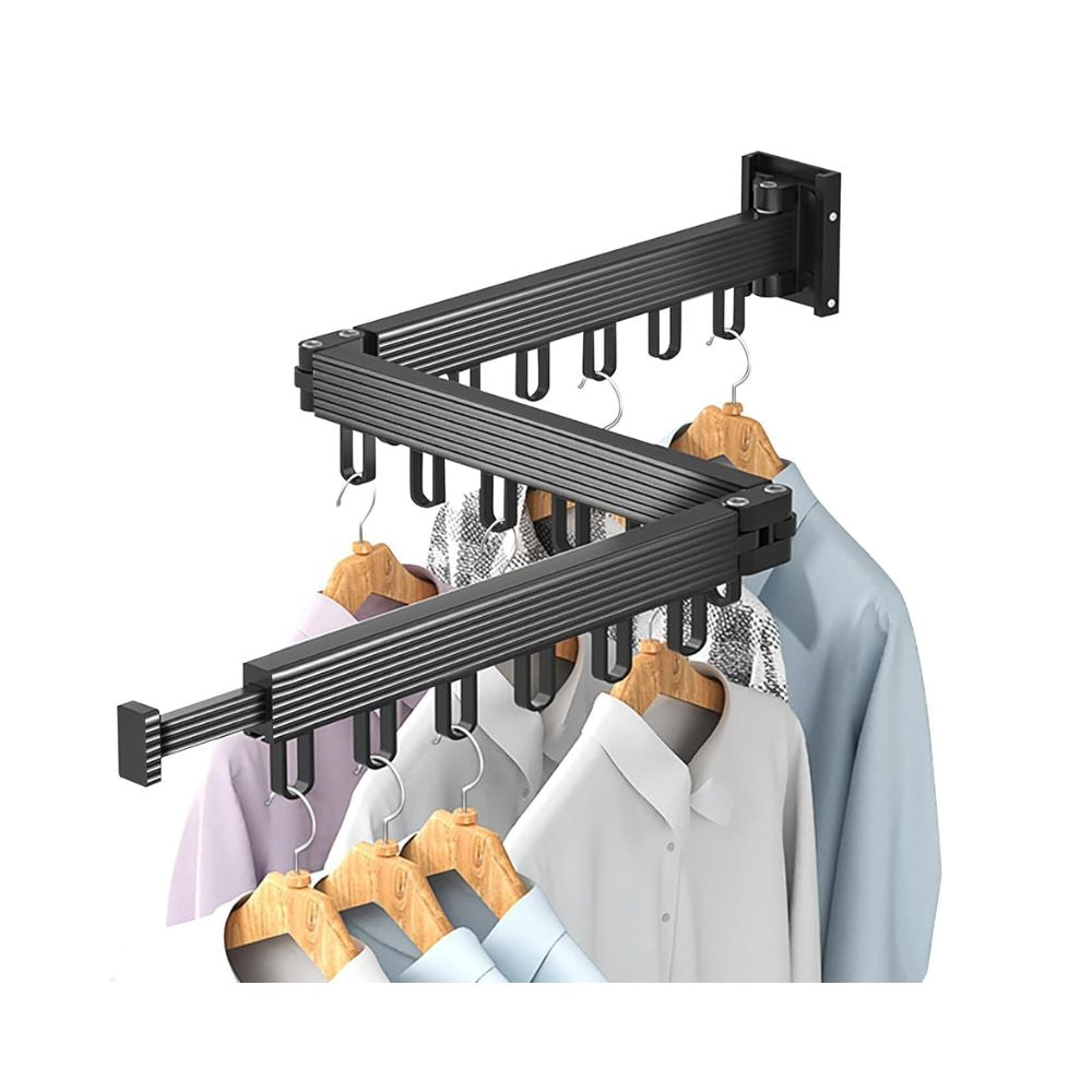 Cloth Drying Stand Wall Mounted-Foldable & Collapsible Drying Clothes Rack with 18 Hooks | Folding Wall Cloth Hanger for Balcony, Bathroom & Laundry | Strong 100 kg Capacity Cloth Drying Stand