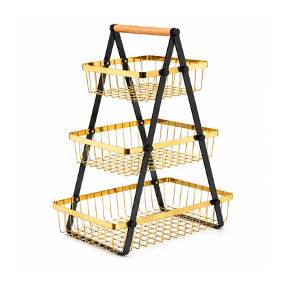 Golden Tiered Fruit Basket | 2 & 3 Tier Metal Mesh Countertop Organizer & Storage Stand