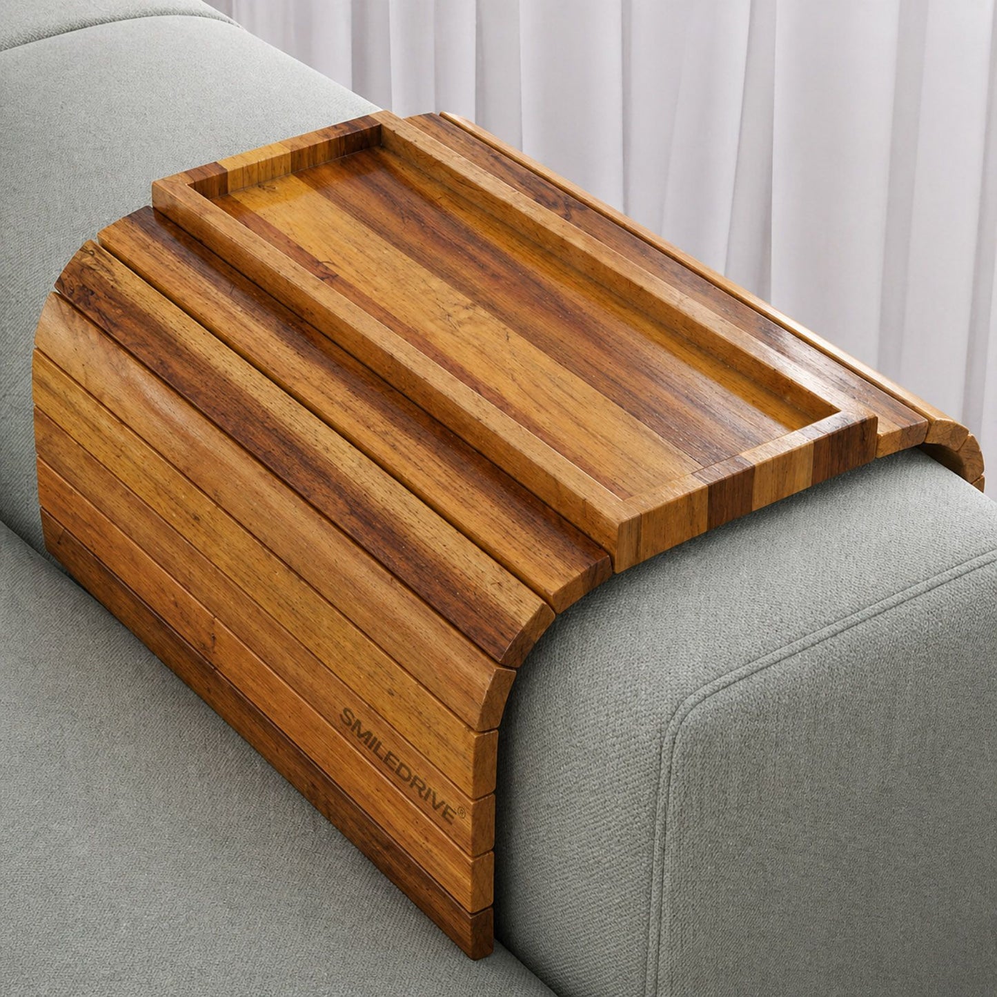 Teakwood Sofa Armrest Tray with Snack Holder Section – Foldable Couch Arm Table with Premium Faux Leather Base (Made in India)