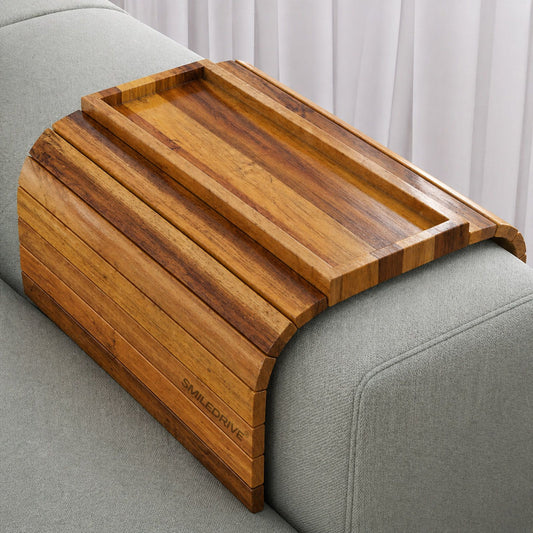 Teakwood Sofa Armrest Tray with Snack Holder Section – Foldable Couch Arm Table with Premium Faux Leather Base (Made in India)