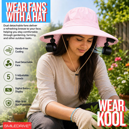 Wearkool Women’s Cooling Sun Hat with Dual Detachable BLDC Fans & Lanyard | 5-Speed Rechargeable Fans with Digital Battery Display | Extra-Wide Brim Hat with Back Bow for Gardening, Fishing, Hiking, Camping & Outdoor Work