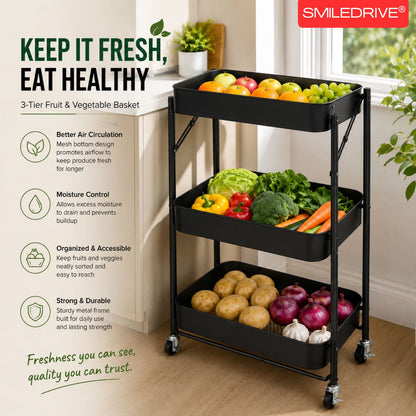 Kitchen Storage Trolley | 3 Tier Fruit and  Vegetable Basket with Wheels | Rolling Cart Trolley for Kitchen, Pantry, Bathroom & Laundry Room | Black