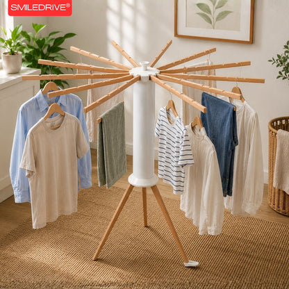 12-Arm Octopus Cloth Drying Stand – Premium Foldable & Rotatable Wooden Laundry Rack | Heavy Duty Tripod Base & Space-Saving Design for Indoor, Balcony & Outdoor Use