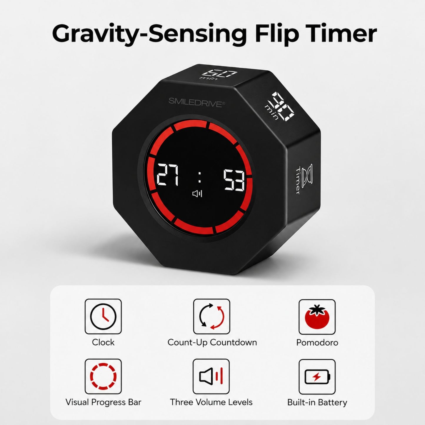 Pomodoro Timer | Digital Kitchen Timer | Productivity Timer with Flip Display, Preset Countdown Modes, Count-Up Function & USB-C Charging