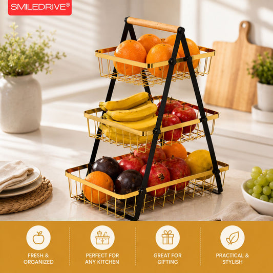 Golden Tiered Fruit Basket | 2 & 3 Tier Metal Mesh Countertop Organizer & Storage Stand