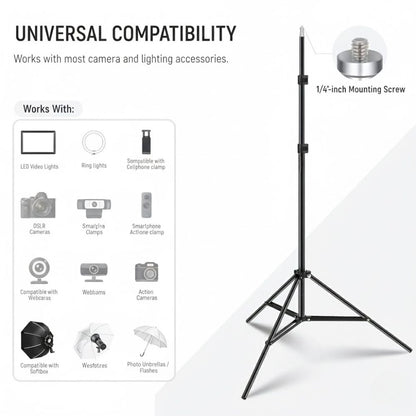 Photography Light Stand for Camera & LED Lights | Adjustable 2.6ft–7ft Carbon Steel Photo Light Stand | Camera Stand with Light Mount | Photography Reflector Stand & Backdrop Support with adjustable mobile clip.
