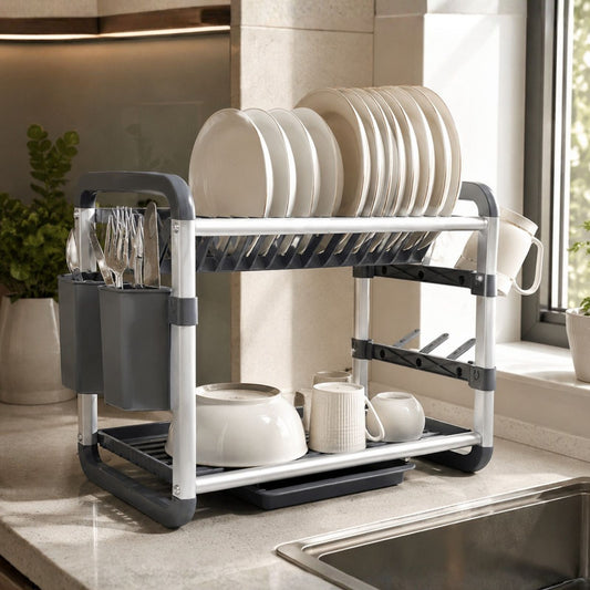 Dish Drying Rack with Drain Tray | 2-Tier Utensil Organizer with Cup and Cutlery Holder | Rust-Resistant Aluminium Kitchen Dish Rack | Available in Gold & Silver