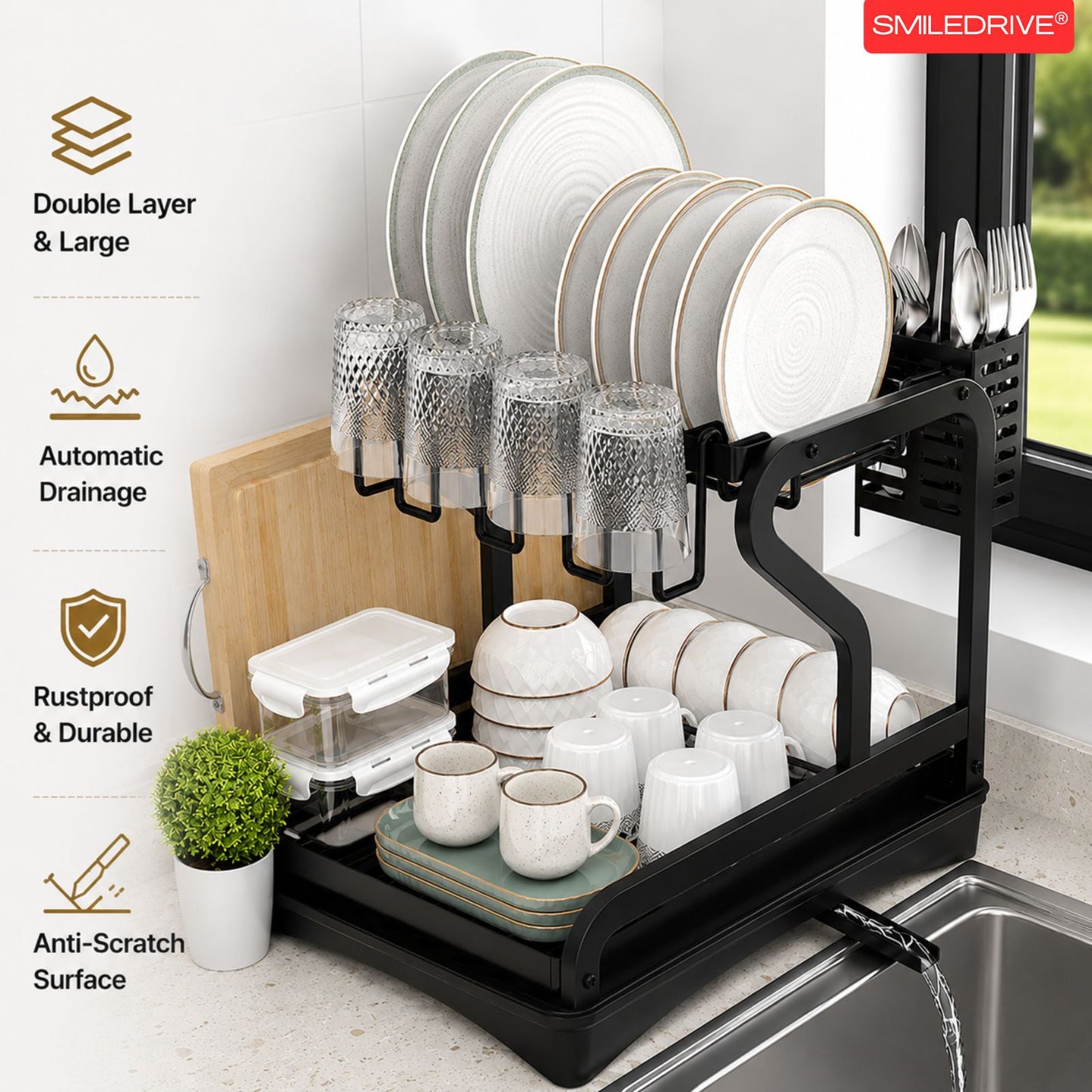 Kitchen Utensil Holder Organizer & Dryer | 2 Tier Dish Drying Rack for Countertop | Anti Rust Dish Drainer Rack with Rotating Drain Swivel Spout
