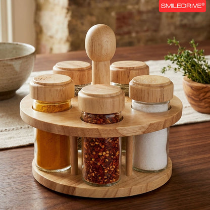 Rotating Spice Rack Wooden Spice Organizer | 5, 12 or 16 Glass Jar with Revolving Stand