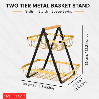 Golden Tiered Fruit Basket | 2 & 3 Tier Metal Mesh Countertop Organizer & Storage Stand