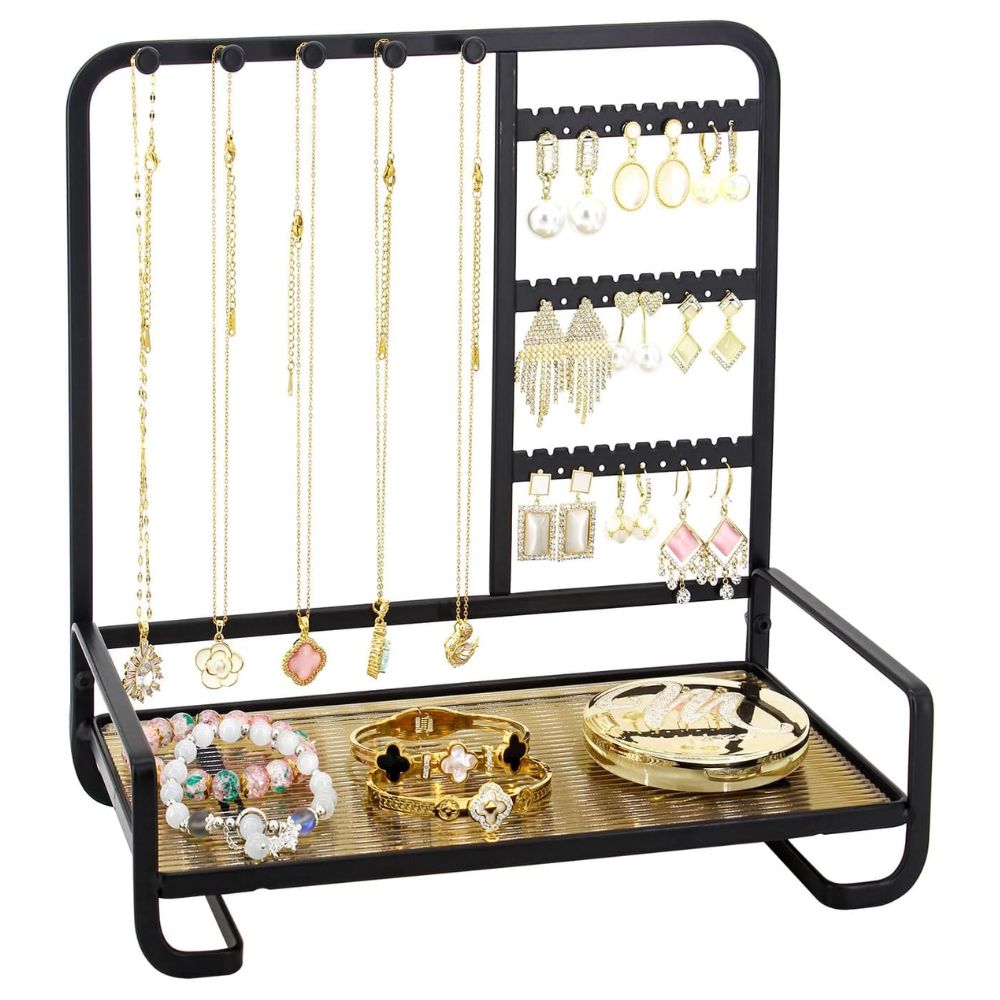 Premium Metal Jewelry Stand Organizer - Sleek Tabletop Holder for Necklaces, Earrings, Rings & Bracelets (Available in Black & Gold)