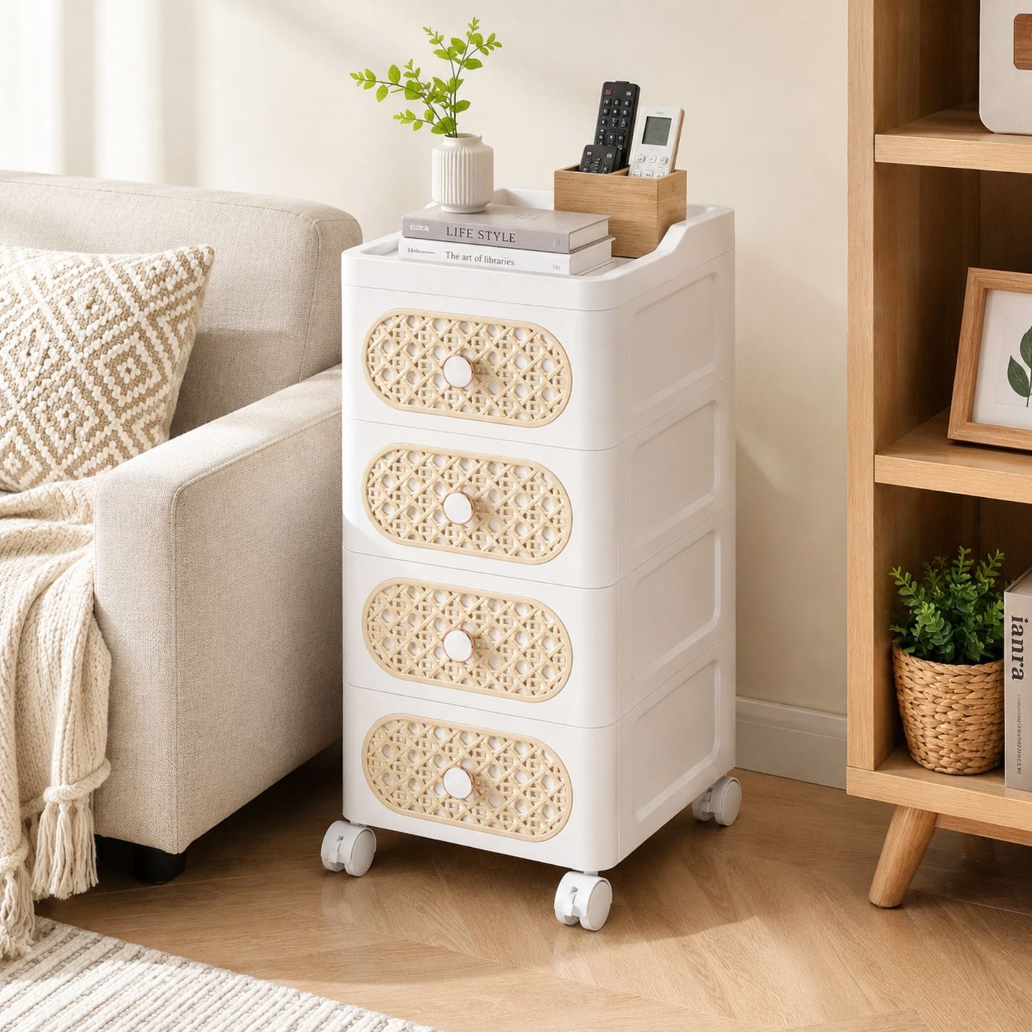 Plastic Storage Drawers | 4 Drawer Organzier Storage Cabinet with Wheels for Bedroom Bathroom Office | Available in White & Cream