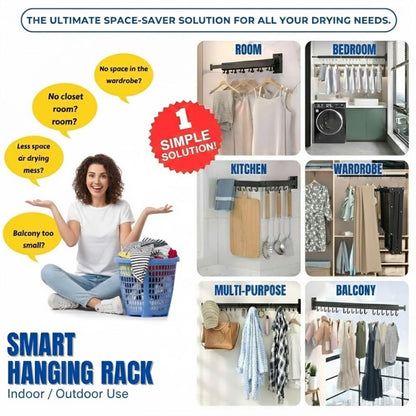 Cloth Drying Stand Wall Mounted-Foldable & Collapsible Drying Clothes Rack with 18 Hooks | Folding Wall Cloth Hanger for Balcony, Bathroom & Laundry | Strong 100 kg Capacity Cloth Drying Stand