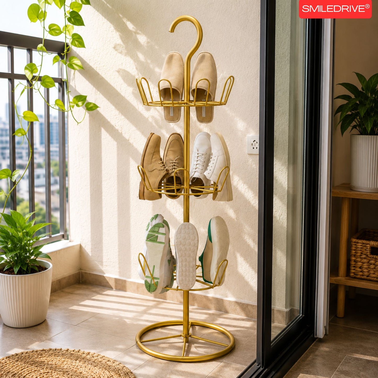 Shoe Drying Rack for Balcony & Bathroom | 3-Tier Rotating Shoe Stand Organizer with Hanging Hook