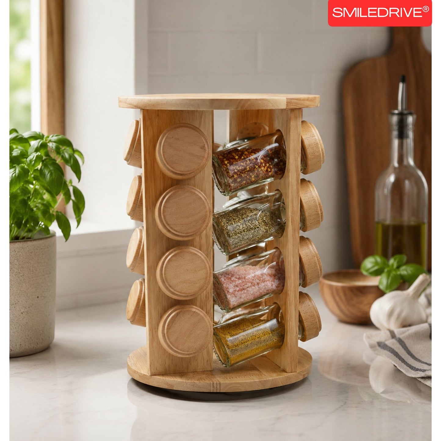 Rotating Spice Rack Wooden Spice Organizer | 5, 12 or 16 Glass Jar with Revolving Stand