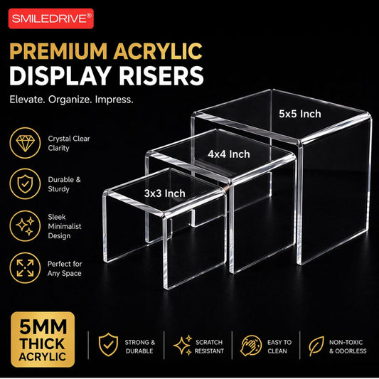 Premium Acrylic Display Risers Set of 3 (3x3, 4x4, 5x5 Inch) – 5MM Thick Transparent Showcase Stand