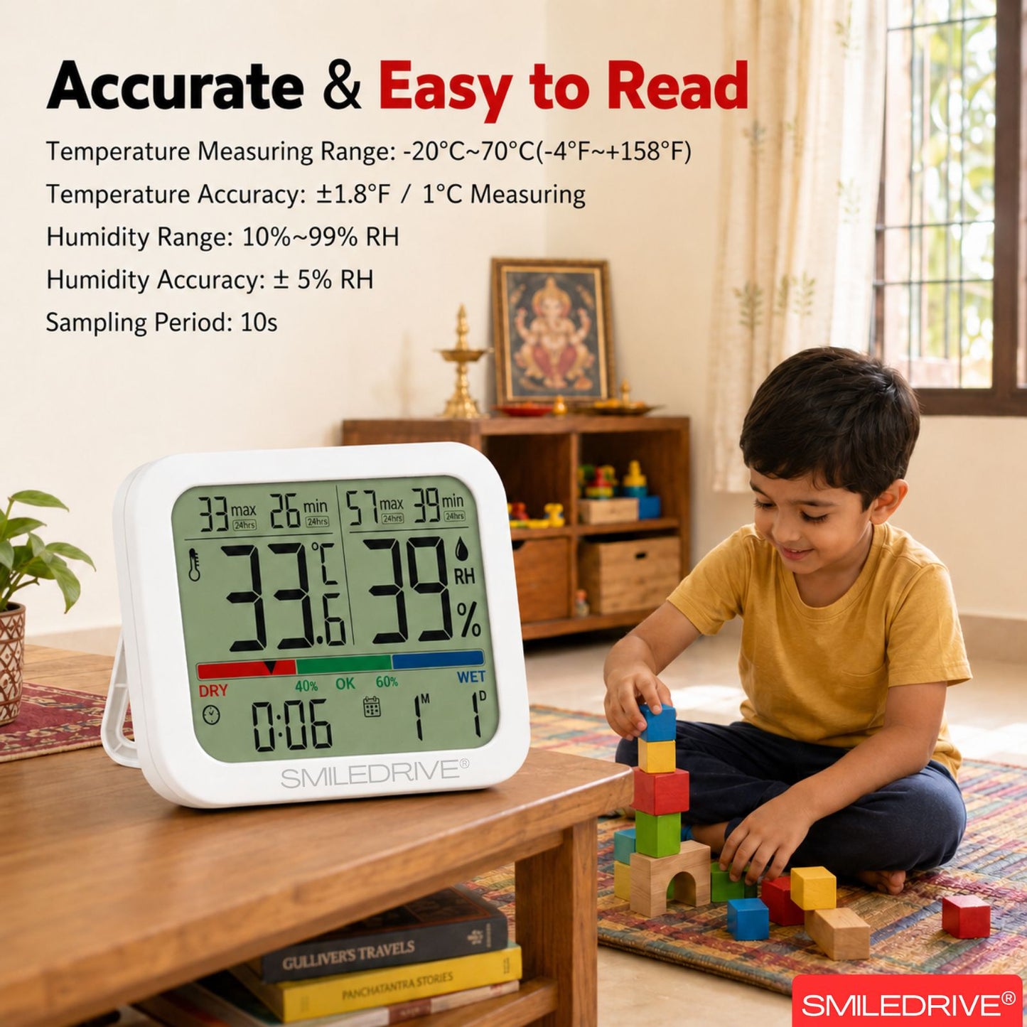 Digital Hygrometer Sensor with Thermometer for Home, Indoor, Outdoor | Temperature & Humidity Meter,Clock & Calendar, 24H Max/Min Records | Backlight Display, Magnetic Mount & Table Stand