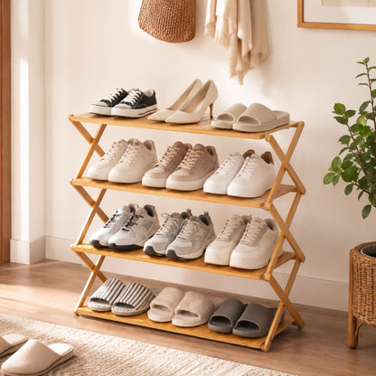 Foldable Bamboo Shoe Rack | 3 & 4-tier Balcony Plant Stand | Space Saving Storage Organizer for Entryway, Bedroom, Bathroom or Balcony
