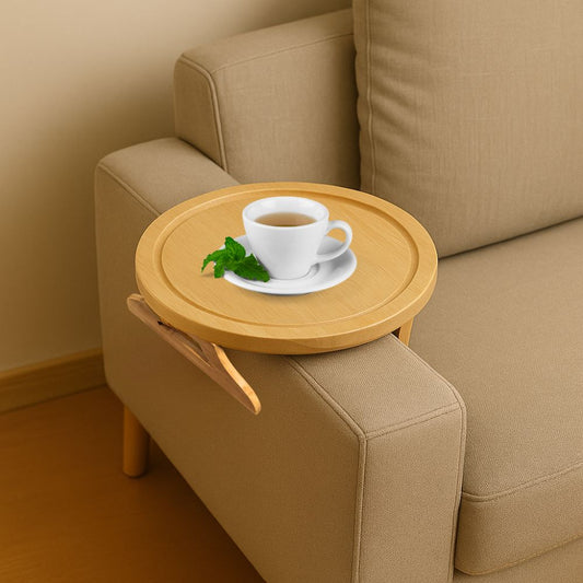 SMILEDRIVE® Clip-On Wooden Sofa Armrest Tray – Round | Ideal for Remotes, Drinks, and Phones