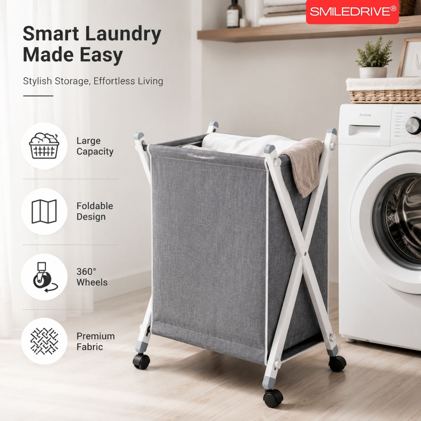 Foldable Laundry Basket with Wheels | Large Capacity (100L) Rolling Clothes Bin with Sturdy Metal Frame | Lightweight & Portable Clothes Storage for Laundry Room & Bedroom - Grey