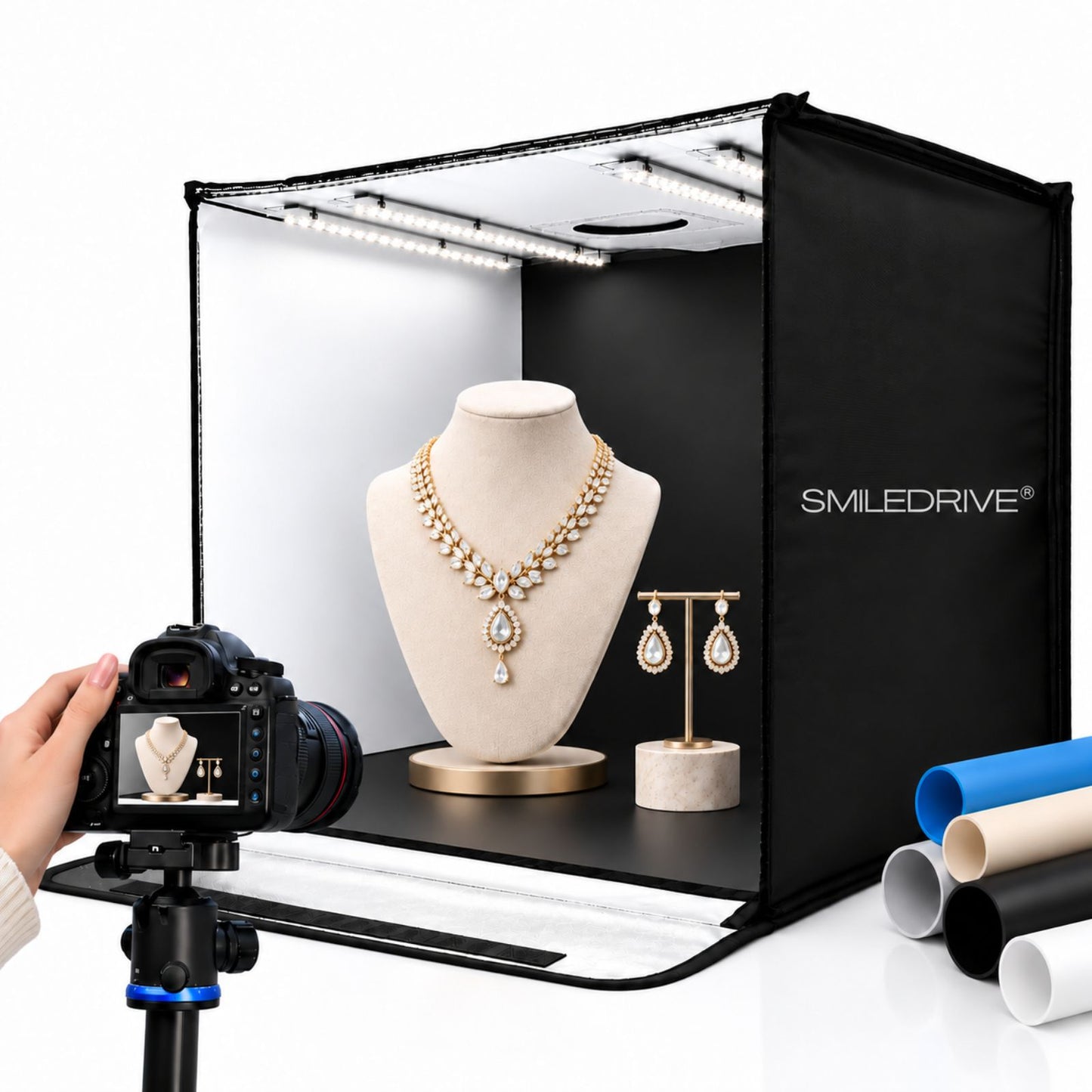 60 cm Product Photography Light Box | Portable Product Photography Box with Reflective Interior | 3 modes 4 LED lights with 2 dimmers  | 5 Backdrops Included | Perfect Photo Booth for Appliances, Electronics, Gadgets, Big toys, small & medium sized items