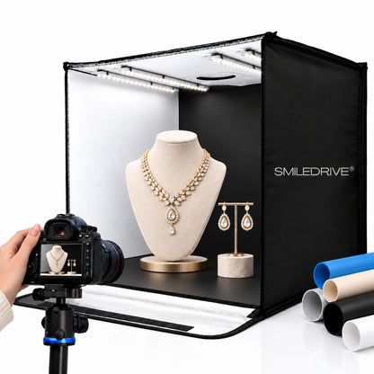 60 cm Product Photography Light Box | Portable Product Photography Box with Reflective Interior | 3 modes 4 LED lights with 2 dimmers  | 5 Backdrops Included | Perfect Photo Booth for Appliances, Electronics, Gadgets, Big toys, small & medium sized items
