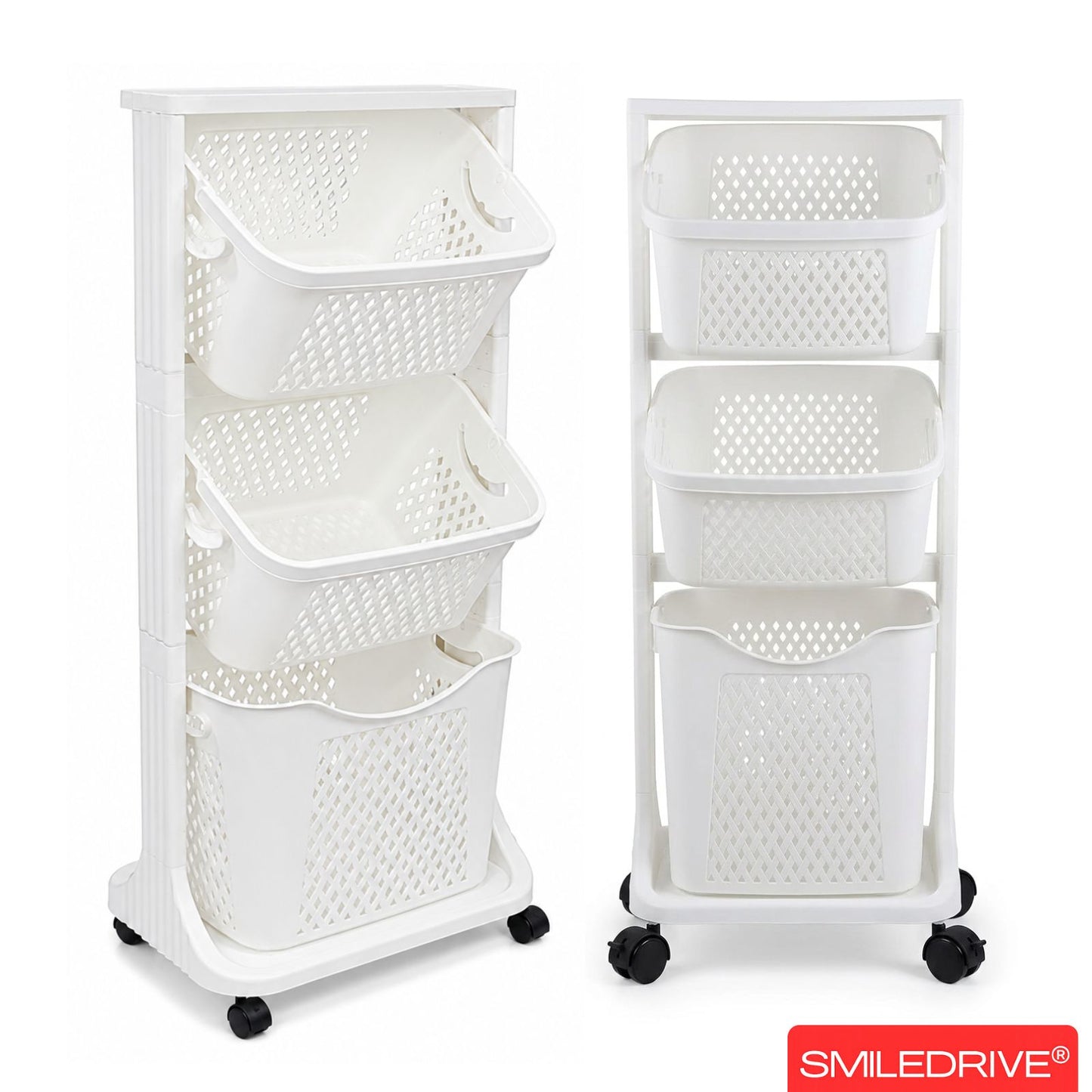 3 Tier Kitchen Rack Laundry Basket with Wheels | Plastic Laundry Organizer | Space Saving Multi Purpose Storage Racks for Kitchen, Laundry Room, Bathroom, Bedroom